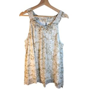 Adiva Blouse Womens XL Tan White‎ Polyester Chiffon Rosette Floral Chic Top